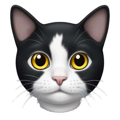 a cute tuxedo cat face with black ears and white face, big round yellow eyes with black pupil sticker