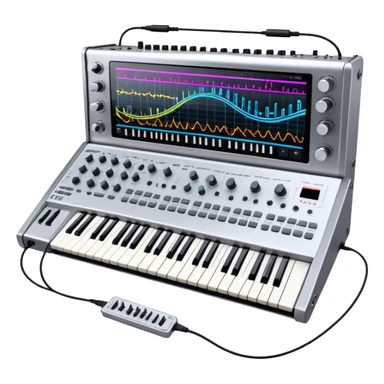 Create a professional and detailed emoji that represents sound design. The design should feature a high-end studio synthesizer, specifically a Korg synthesizer, with a mixing console and control panel, all connected with audio cables. Surround the equipment with flowing sound waves or musical notes to symbolize the creation and manipulation of sound. Use colors like metallic silver, black, and neon accents to emphasize the technical, creative nature of sound design. The background should be transparent. sticker