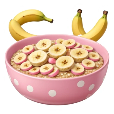 banana baked oats in a bowl like oat meal with a couple banana slices on top that look a little bit caramelised and a light pink bowl with white polka dots sticker