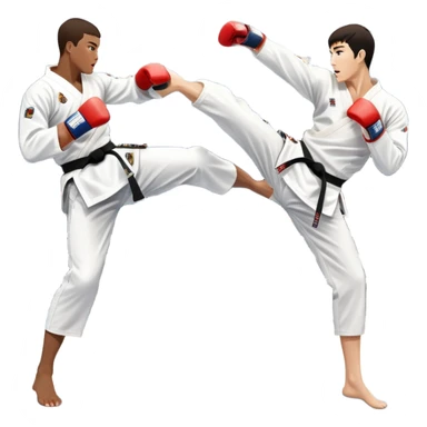 Two taekwondo fighters in traditional white doboks with black belts. One delivers a powerful kick, while the other defends by blocking with his knee. The background shows a professional arena with bright lights and an excited crowd. Transparent background highlights the intense action sticker