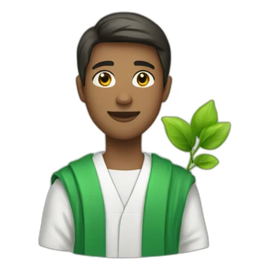 a white student in a green robe with a green sprout in his hands sticker