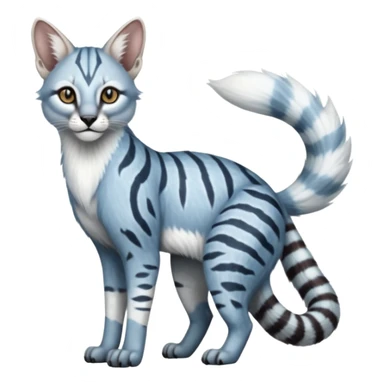 Albino white pastel Realistic patterned marked edgy bluish greyish blackish whitish silvery Shiny Colorful Dusky Dark Glossy Genet-Caracal-Lion-Bobcat-fusion-animal-hybrid-creature, full body, tufted ears, long thin tufted tail sticker