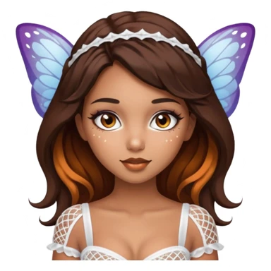 Pretty girl with caramel skin. Dark brown hair and brown eyes. She has freckles. Wearing sexy makeup. Wearing a fairy costume. wearing white fishnet tights on legs and heels on feet sticker