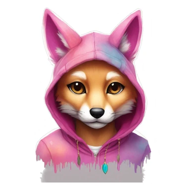 Pink magenta burgundy maroon cyan beige gray fox wearing a pink hoodie with gold jewellery gold piercings gold ear piercing gold nose piercing vintage watercolour tie dye black raven wings sticker