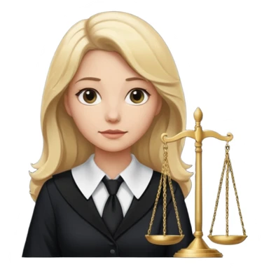 woman lawyer blanche et blonde avec des cheveux mi-long; elle est habillée avec une longue robe noire et un col cravate blanc; la balance de la justice apparaît dans l'ombre derrière elle sticker