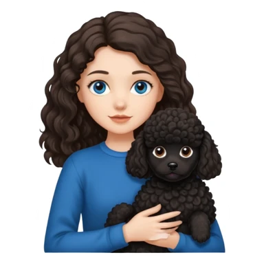 Brunette girl with long wavy hair and blue eyes holding one black puppy poodle with black fur and brown eyes. No decoration on the dog.  sticker