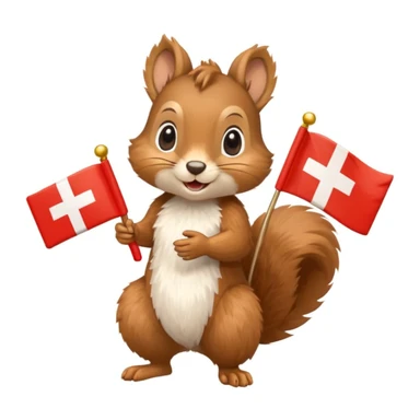 a squirrel holding a gift box in one hand and a Swiss flag in the other, both objects clearly visible, simple white background sticker