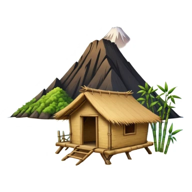bamboo hut with volcano in the back in Volcano Island  sticker