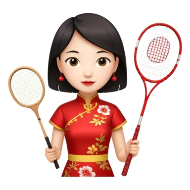 ancient cheongsam girl with 1 badminton racket, red sticker
