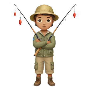 A boy with crossed arms, looking annoyed, dressed in fishing clothes full body sticker
