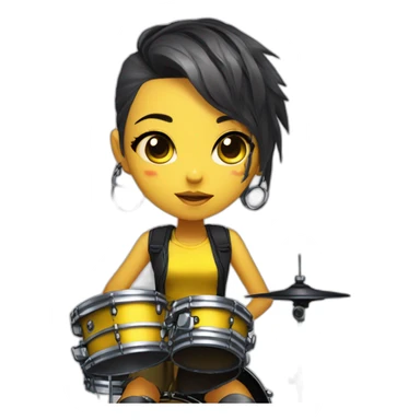 cute punk girl in yellow dress dark skin with yellow eyes and dark curvy hairs drummer anime style sticker