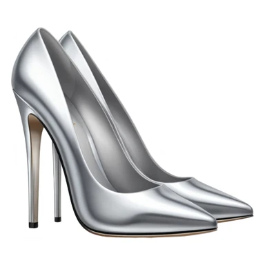 A pair of high heel shoes emoji made of polished silver chrome, elegant sharp silhouette, smooth metallic surface, glossy reflections, luxury sexy vibe, minimalistic iOS emoji style, centered, clean white background sticker