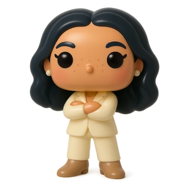 Funko Pop style vinyl figure, ultra high quality: luminous smooth tanned skin, highly detailed dark hair, hyper-textured feminine cream suit (jacket and pants), small pearly earrings, greige leather boots clearly visible, arms crossed, rosy cheeks, very discreet freckles, eyelashes, mischievous and cheerful expression, no mouth, transparent background. sticker