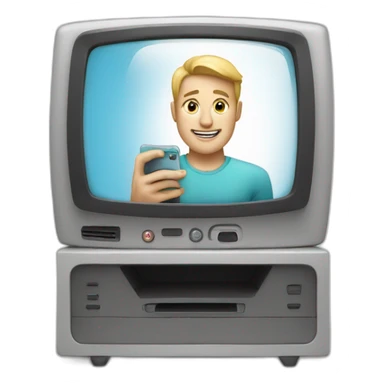 a man whit White skin looking a phone in front of a modern television sticker