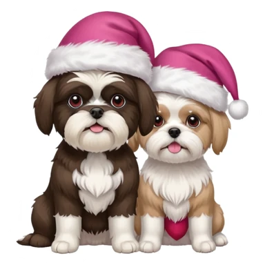 two dogs one little white all over shih tzu dog with pink santa hat and one mostly white with black havanese dog wearing a red santa hat sticker