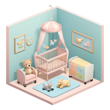 isometric baby room, Nursery with pastel walls and hanging mobile sticker