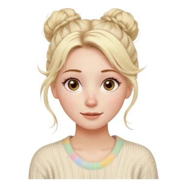 blonde hazel eyes woman with a white cable knit sweater and one messy bun with tendrils of hair flowing down her face and she is happy pale, some freckles, blush. she has a cateye wing and long lashes sticker