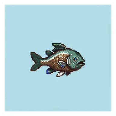 Minecraft cod fish item texture, eye pointing down-left at 45-degree angle, simple square texture, pixel art style sticker
