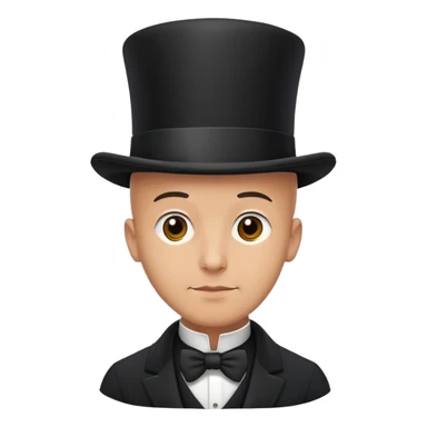 bald man in jacket indoors with top hat sticker