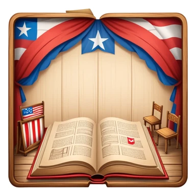 Timeless open book with visible pages of hand-drawn theater backdrop sketches, stage layouts and set designs, Puerto Rican flag motifs integrated throughout, wooden cover with theater symbols, warm light sticker