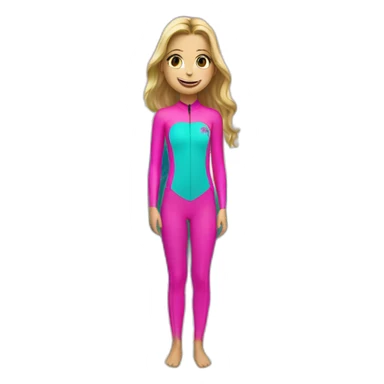 Girl with tattooed hands wearing a bright pink wetsuit surfing big wave next to palm tree sticker