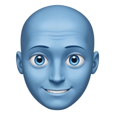 a character with blue skin and a huge forehead - twice the size of the face, the shape of the head is like a rounded inverted triangle. He has a smooth bald head. a sly, intelligent smile. Close-up. Blue eyes sticker