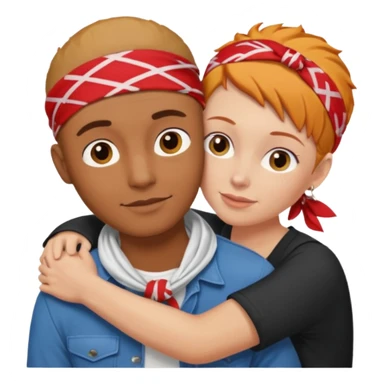 Two people hugging, brown guy with a buzzed cut and bandana, and a white woman with ginger hair sticker