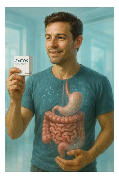 A realistic, cinematic illustration of a man in his late 30s holding a small white box of ‘Vermox’ (mebendazole) in one hand, with a relieved and hopeful expression on his face. Behind him, a semi-transparent overlay shows his digestive tract where small, symbolic worm-like parasites are dissolving and disappearing, indicating the medication’s effect. The environment is clean and bright, with a medical yet hopeful tone, conveying the concept of effective parasite removal. Subtle blue and green tones symbolize cleansing and health restoration, while the man appears energized and ready to reclaim his well-being sticker