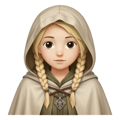 girl with blond braids wearing a tunic and a cloak with a hood over her shoulders holding a white square of canvas, medieval age sticker