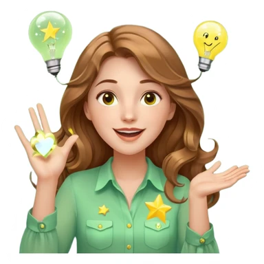 Joyful and imaginative woman with fair skin, long wavy light brown hair, hazel eyes, wearing a light green blouse with yellow accents, holding a glowing lightbulb and gesturing outward. Surrounded by stars, sparkles, speech bubbles, a paper plane, and a small heart. Waist-up, front-facing sticker