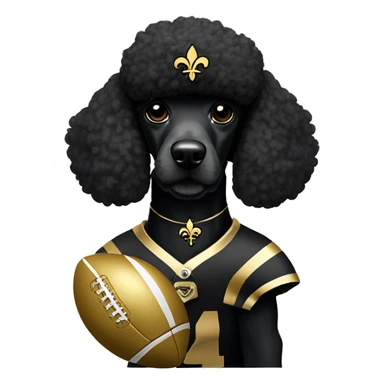 Black poodle wearing a gold football helmet with black stripe and gold fleur de lis emblem sticker