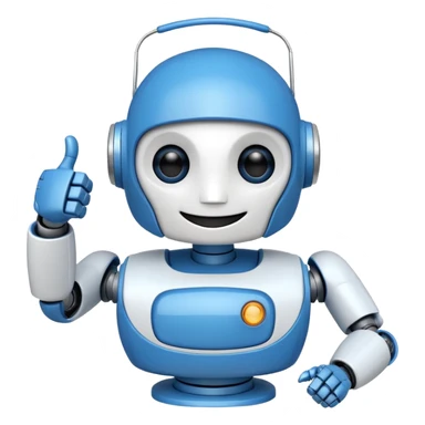 A blue and white robot smiling and winking with one eye, making a thumbs-up sign with one hand. sticker