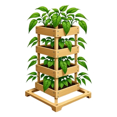 Very Large alien-futuristic multi-tier multi-level square-sided plant rack, which holds pepper plants, constructed from plywood sticker