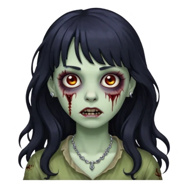 crie um kamoji estilo zumbi (feminina) com o cabelo comprido levemente ondulado e com franja preto, coloque alguns piercing  sticker