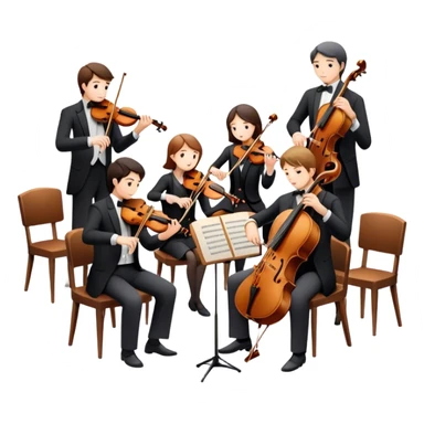 Icon for Classical Music: chamber orchestra with 4-5 musicians playing string instruments (violins, violas, cellos) and a conductor leading the ensemble. The intimate, refined atmosphere. Transparent background. sticker