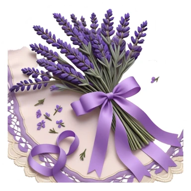 A delicate lavender bouquet, bound with a faded violet silk ribbon, rests atop an aged lace cloth, its soft petals releasing a gentle, calming fragrance. Wisps of dried lavender buds scatter across the table, their muted plum and lilac hues blending harmoniously with the intricate embroidery of the fabric.
 sticker