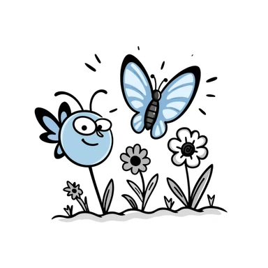 Blue butterfly with a cheerful smile flying around spring flowers and sunshine sticker