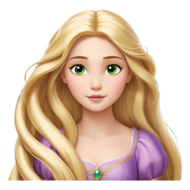 Cinematic Realistic Rapunzel Portrait, with porcelain-like skin featuring a subtle, natural glow, illuminated by soft lighting that brings out the gentle contours of her face. Her long, golden blonde hair cascades in detailed waves, each strand highlighted with a radiant shimmer as it catches the light. Her bright, expressive green eyes exude curiosity and warmth, framed by delicate lashes and soft, arched brows. Her expression is playful and vibrant, with a gentle smile. She is dressed in her classic lavender and pink gown, the fabric textured with delicate folds that flow naturally, catching the light with a soft, radiant glow. The portrait captures a luminous, enchanting aura, seamlessly blending realism with a whimsical, fairytale charm, evoking a timeless sense of beauty and magic. sticker