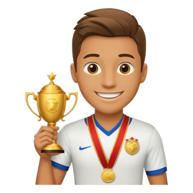 happy soccer player with a first-place medal and a trophy sticker