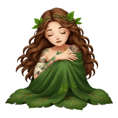 sleepy moon druid woman long wavy brown hair tattoos in leaf blanket sticker