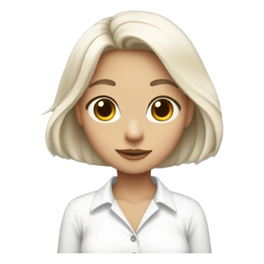 bob hair girl wearing white shirt holding a white cat sticker