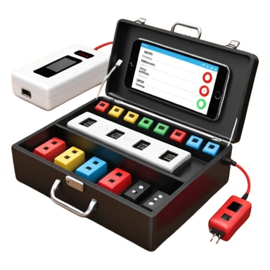 Open professional black testing case on wooden desk. Interior: control panel with colored sockets, USB ports, and power outlet. Inside: a roll of white QR-code calibration stickers.  red test probe.  sticker