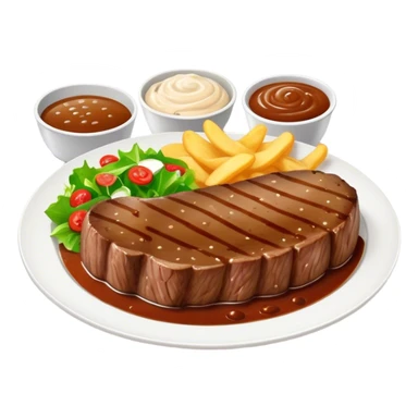 big juicy australian steak meal featuring chips, small salad in a ramiken and gravy  sticker