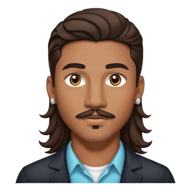 Young man with medium brown skin, mixed-race ethnicity, long wavy dark brown hair with a center part, mustache separated from goatee (no connection between them), medium brown eyes, diamond stud earrings in both ears, head only sticker