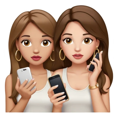 Light skinned girl, long straight and less wavy brown hair center-part with face framing pieces, big hazel eyes, gold hoops, white tank, prominent blush, sassy, big lips, makeup and lip gloss, holding two phone: one talking in one hand and another in another hand sticker