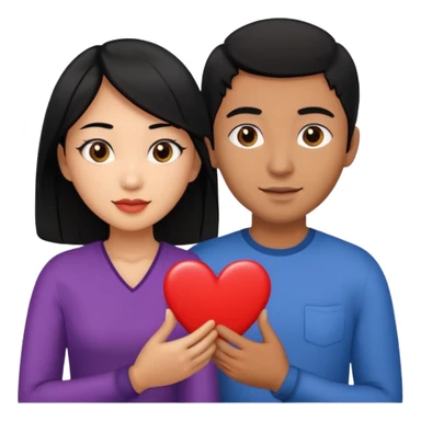 Asian Woman with black hair black eyes, brown man with black hair black eyes, and love heart sticker