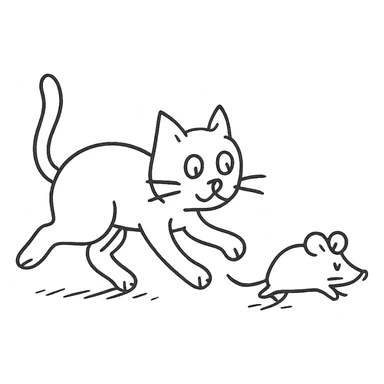 hand drawn outlined cat chasing a mouse icon sticker