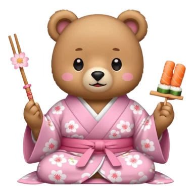 A cute light-brown bear wearing a pastel pink sakura-patterned kimono, normal balanced body ratio. 
Happily eating sushi with chopsticks, excited sparkling eyes. 
Kawaii emoji style, minimalistic clean sticker illustration, white background.
 sticker