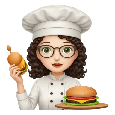 A female chef with glasses, dark brown long curly hair, White skin,Green eyes and cooking a burger sticker