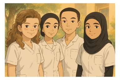 Four nursing students standing side by side in a warm atmosphere, Ghibli style. They wear white short-sleeved uniforms with medical tunic tops featuring V-neck collars and left chest pockets. No undershirts or stethoscopes. Faces and attitudes inspired by the four provided photos, version 2. sticker
